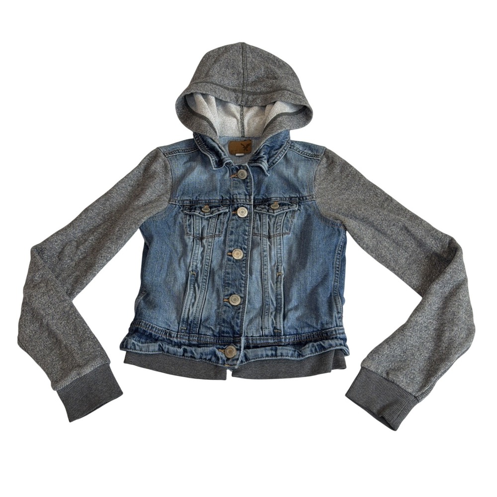 American Eagle Denim Jacket Hoodie Women's XS Jean Knit Blue Streetwear Grunge